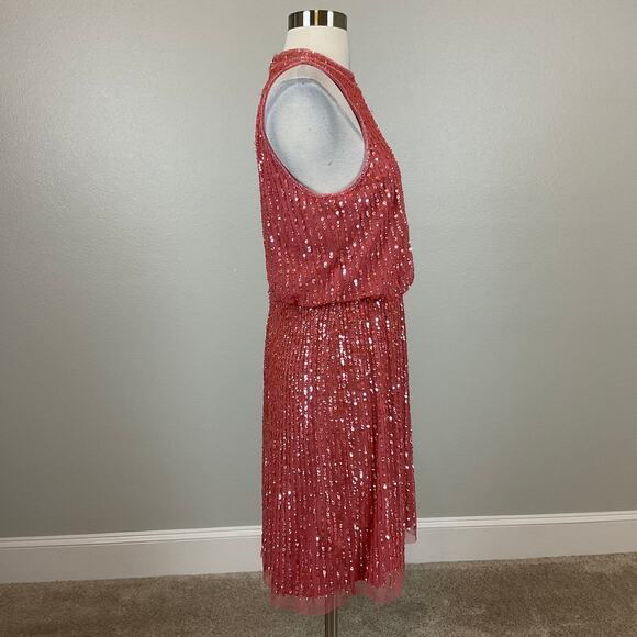 Adrianna Papell Sequined Mini Sheath Cocktail Dress Colorful Coral Pink Size 8 - Picture 3 of 12